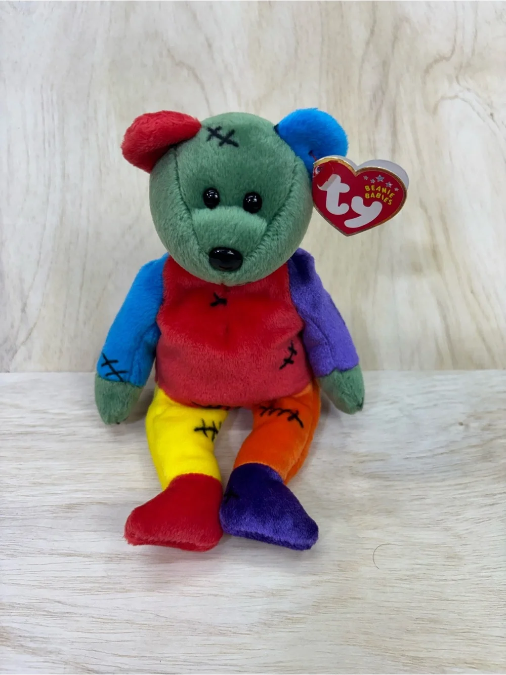 Ty Patchwork Rainbow Bear Plush - Green Red Blue Purple Yellow Orange